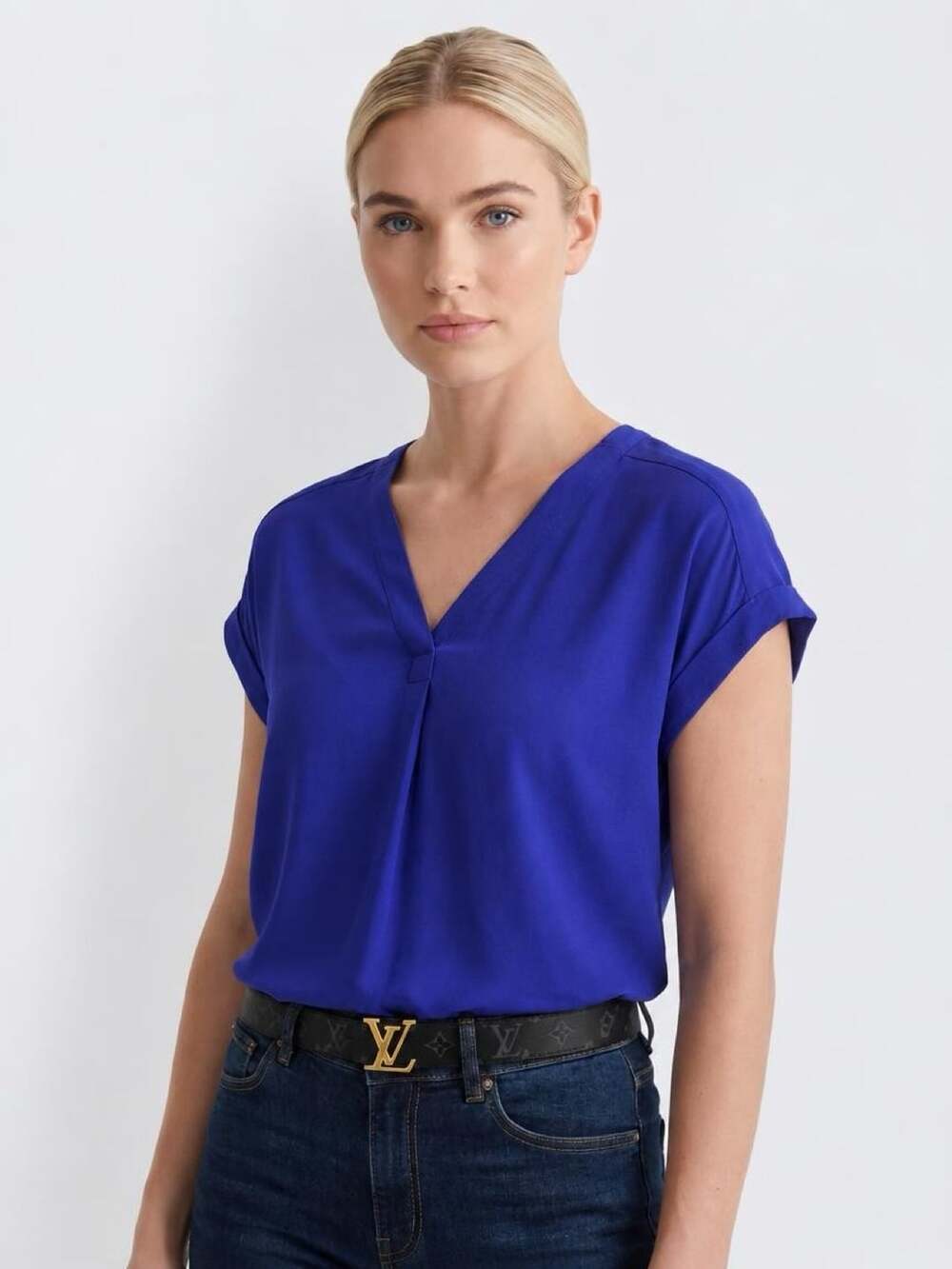 Liz Claiborne V-Neck Blouse Size S Royal Blue Short Cap Sleeve